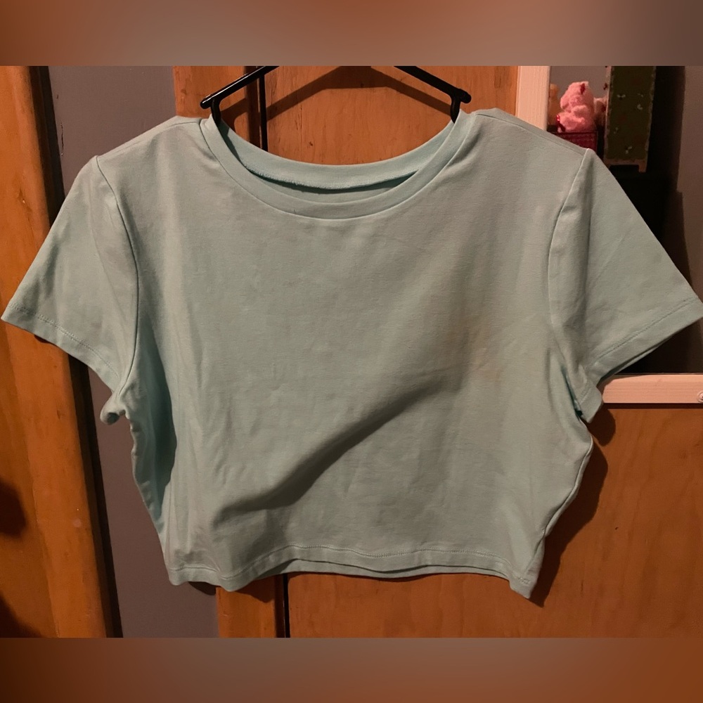 light blue crop top